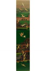 Gulammohammed Sheikh, शिकार Hunted, 2018 – 2024. Acrylic on board, 213.4 x 39.4 cm. Taimur Hassan Collection. © Gulammohammed Sheikh.