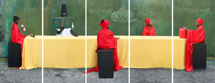 Maïmouna Guerresi, M-eating – students and teacher, 2012. Five photographs, colour, lambda print, on paper mounted on aluminium, 150 × 388 cm. Courtesy of the artist and Mariane Ibrahim.