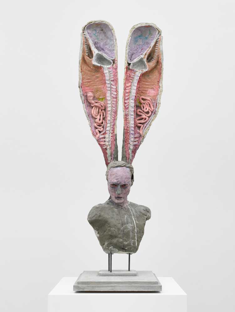 David Altmejd. The Man and the Whale, 2022. Expanding foam, epoxy, glass eyes, acrylic paint, coloured pencil, steel, concrete and wood, overall: 174.6 × 60 × 57.3 cm (68 3/4 × 23 5/8 × 22 9/16 in). © the artist. Photo: © White Cube (Theo Christelis).
