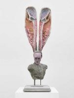 David Altmejd. The Man and the Whale, 2022. Expanding foam, epoxy, glass eyes, acrylic paint, coloured pencil, steel, concrete and wood, overall: 174.6 × 60 × 57.3 cm (68 3/4 × 23 5/8 × 22 9/16 in). © the artist. Photo: © White Cube (Theo Christelis).