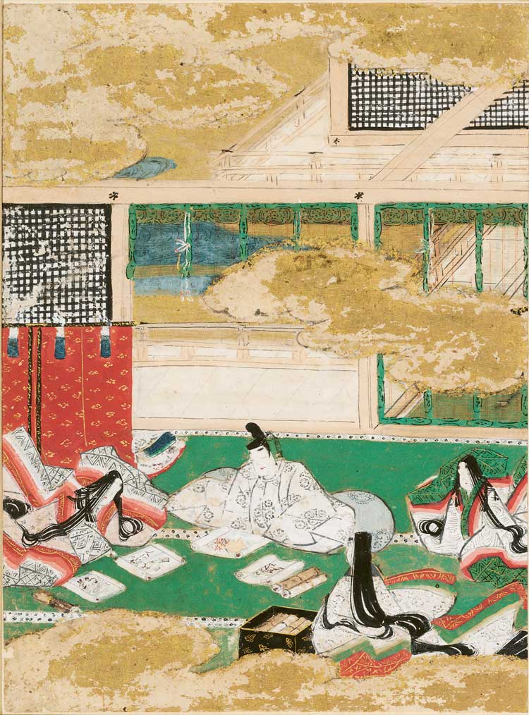 Page 12. Tosa Mitsunobu, The Picture Contest (Eawase) from the Tale of Genji, 1509-10. Ink, colour and gold on paper, 24.3 x 18.1 cm (9 9/16 x 7 1/8 in). Harvard Art Museums/Arthur M. Sackler Museum, bequest of the Hofer Collection of the Arts of Asia.