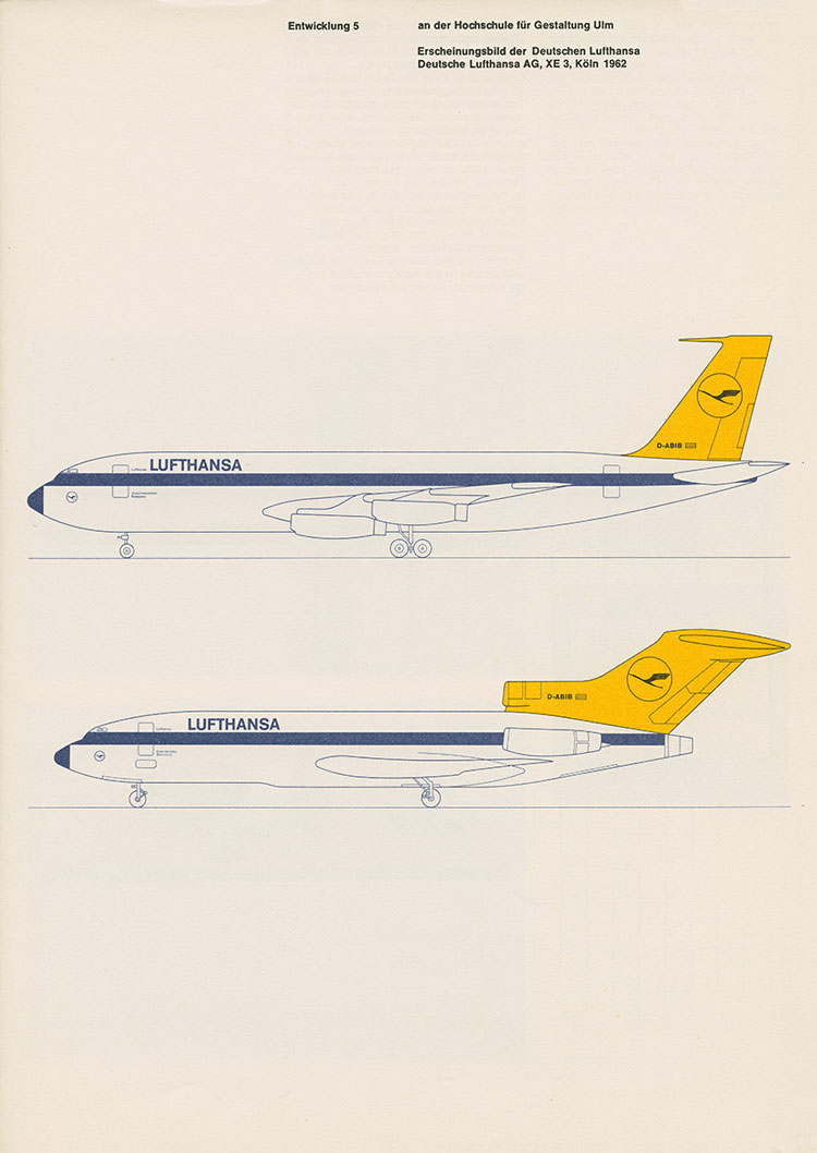 From the portfolio ‘Entwicklung 5 an der Hochschule für Gestaltung Ulm’ (Development 5 at the Ulm School of Design), 1963. Examples of the implementation of corporate colours, type-face and logo on Lufthansa aircraft. HfG-Archiv /Museum Ulm, © Florian Aicher.