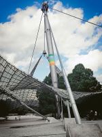 Colour bands on the masts of the tent roof structure in Munich’s Olympic Park, 2021. Photo: Hannes Gumpp.