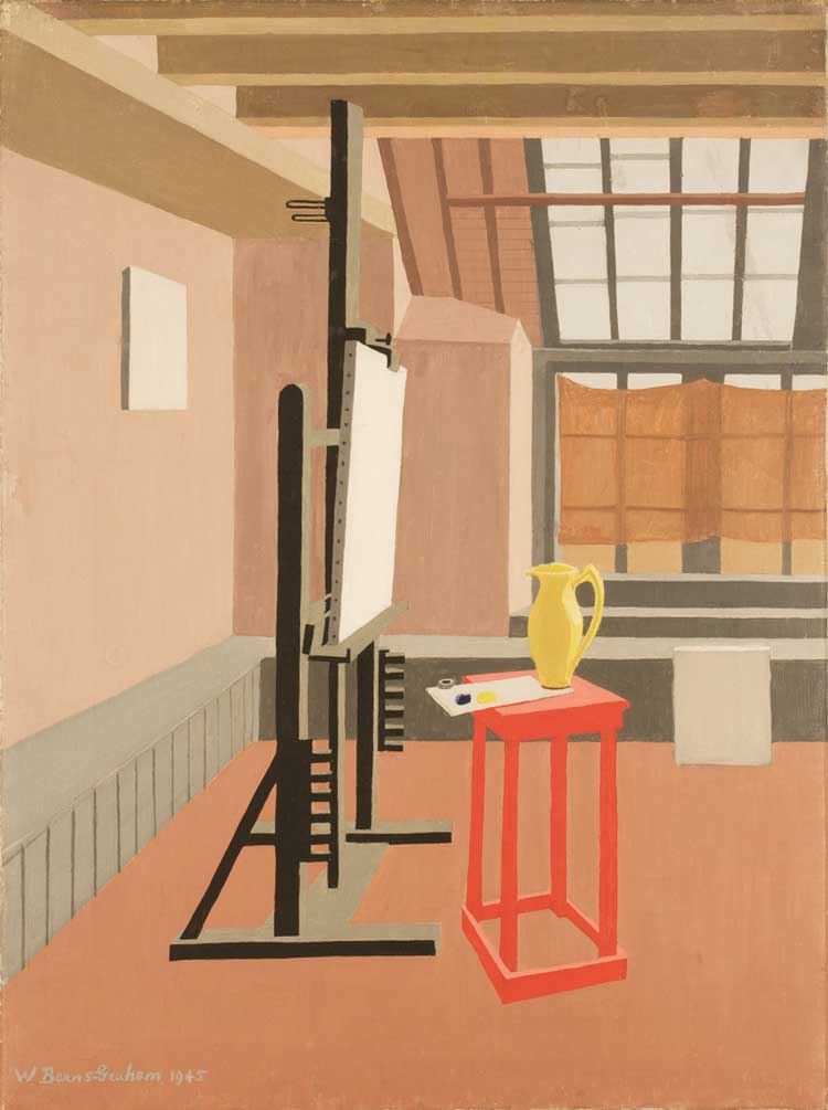 Wilhelmina Barns-Graham, Studio Interior (Red Stool, Studio), 1945. Oil on canvas, 65 x 45.6cm. Wilhelmina Barns-Graham Trust © Wilhelmina Barns-Graham Trust.