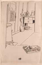 Egon Schiele, Office at the in Mühling Prisoner of War Camp of Mühling, 1916. Black and red crayon on ivory wove paper, 46.1 x 29.2 cm. Katrin Bellinger Collection.