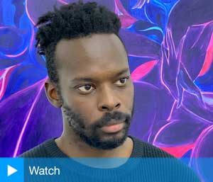 Tunji Adeniyi-Jones talking to Studio International at the opening of That Which Binds Us at White Cube Bermondsey, London, 19 November 2021. Photo: Martin Kennedy.