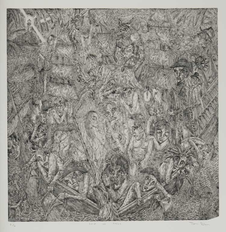 John Abell. Ship of Fools, 2021. Etching, 49 x 49 cm. Image courtesy the artist and Arusha Gallery, Edinburgh.