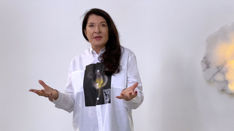 Marina Abramović speaking at the press view for Seven Deaths, 22 Cork Street, London, 13 September 2021.