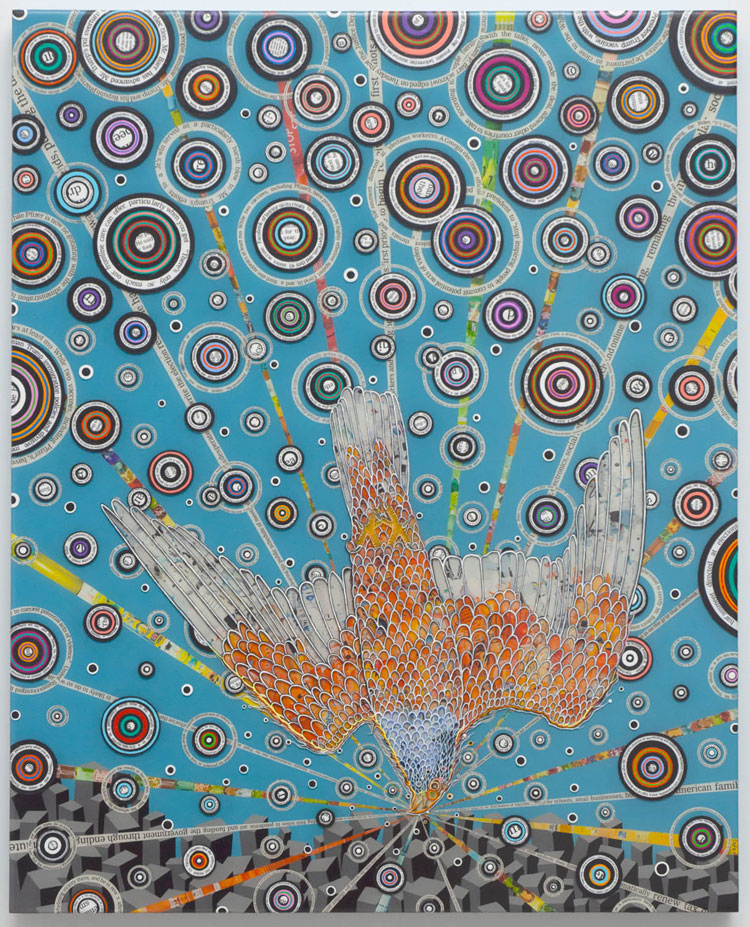 Fred Tomaselli, Untitled, 2021. Collage, acrylic, resin on panel, 30 x 24 in (76.2 x 61 cm). © Fred Tomaselli 2021. Image courtesy the artist and James Cohan, New York.