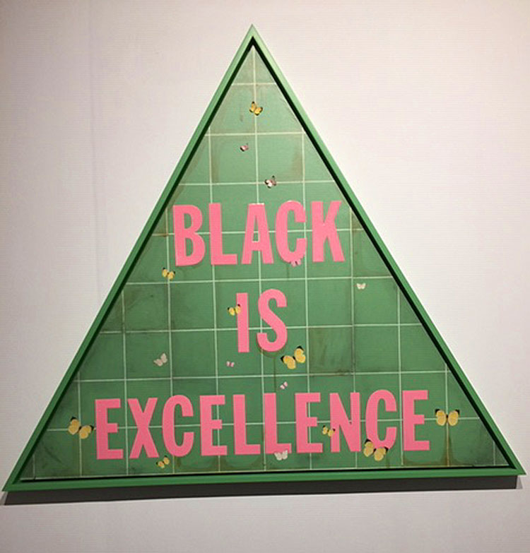 Genevieve Gaignard. Black is Excellence (Just Be), 2021. Mixed media on panel, 41 ¹⁄₂ x 48 x 1 in (105.41 x 121.92 x 2.54 cm). Installation view, The Armory Show 2021. Photo: Jill Spalding.