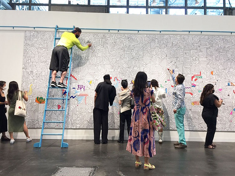 Yieldstreet’s 350-square-foot faux graffiti. Installation view, The Armory Show 2021. Photo: Jill Spalding.