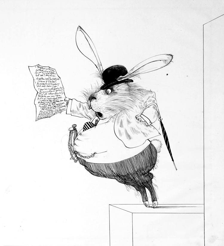 Original drawing for Alice in Wonderland of the White Rabbit, 1967. Ralph Steadman Art Collection, 2019. All rights reserved