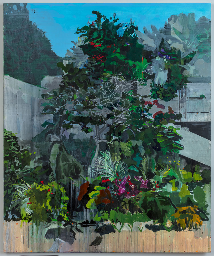 Hurvin Anderson. Jungle Garden, 2020. Acrylic and oil on linen, 181 x 150 cm (71 1/4 x 59 1/8 in). © Hurvin Anderson. Courtesy the artist and Thomas Dane Gallery. Photo: Richard Ivey.
