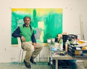 Hurvin Anderson in his studio. Photo: Sebastian Nevols. © Hurvin Anderson. Courtesy the artist and Thomas Dane Gallery.