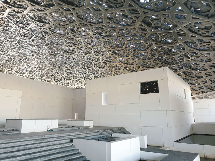 The entrance to the Louvre Abu Dhabi, designed by Jean Nouvel. Photo: Charles Saumarez Smith. Page 193.
