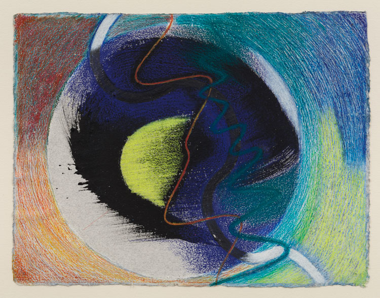 Dorothea Rockburne. Particle and Wave, 1994. Flashe paint and watercolour sticks on handmade paper, image: 9 1/2 x 12 1/2 in (24.1 x 31.8 cm), sheet: 19 1/2 x 24 3/4 in (49.5 x 62.9 cm). Image courtesy David Nolan Gallery.
