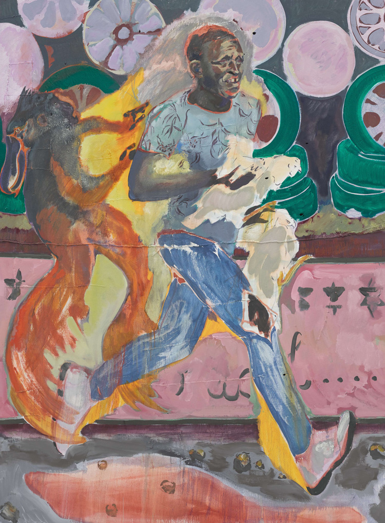 Michael Armitage, The Chicken Thief, 2019. Oil on Lubugo bark cloth 78 3/4 x 59 1/16 in. (200 x 150 cm). © Michael Armitage. Photo © White Cube, Theo Christelis.