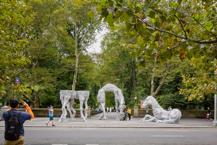 Jean-Marie Appriou, The Horses, 2019. Cast aluminum, courtesy of the artist and CLEARING, New York/Brussels; Galerie Eva Presenhuber, Zürich/New York. Presented by Public Art Fund, Doris C. Freedman Plaza, Central Park, Sep 11, 2019 - Aug 30, 2020. Photo: Nicholas Knight, Courtesy of Public Art Fund, NY.