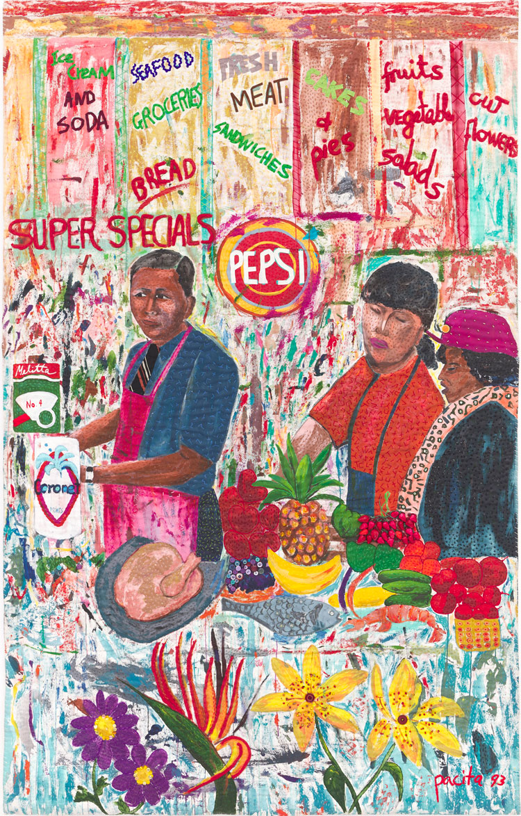 Pacita Abad, Korean Shopkeepers, 1993. Acrylic, oil, plastic button, sequins, beads, yarn, painted cloth on stitched and padded canvas. Work courtesy the Pacita Abad Art Estate. Photo: Max McClure, courtesy Spike Island.