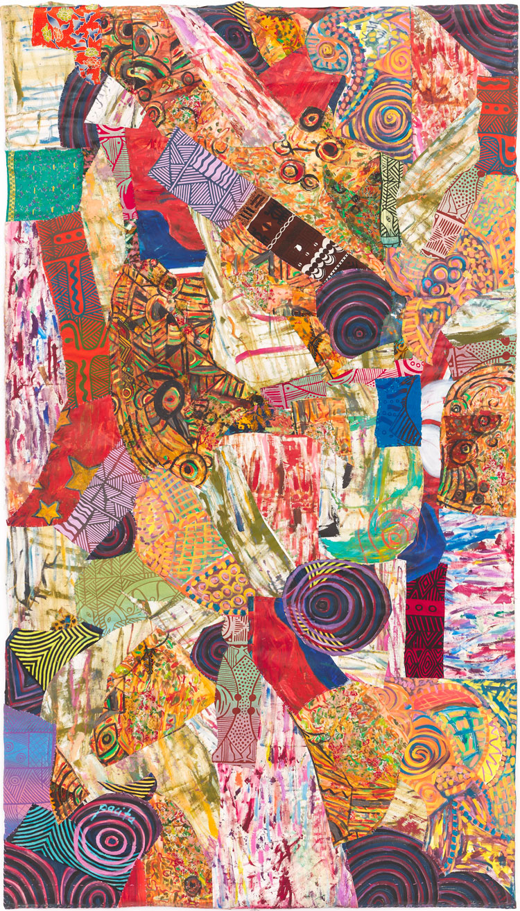 Pacita Abad, Life in the Margins, 2002. Oil, printed cloth, painted cloth stitched on canvas. Work courtesy the Pacita Abad Art Estate. Photo: Max McClure, courtesy Spike Island.