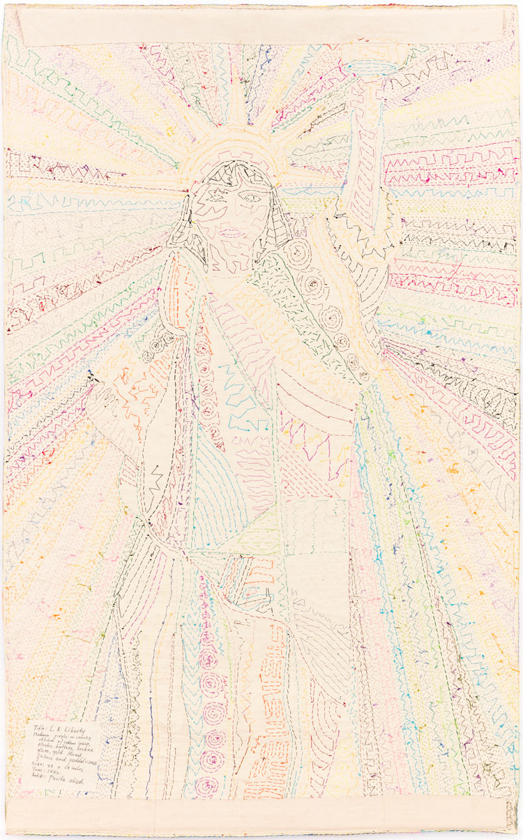 Pacita Abad, L.A Liberty, 1992 (reverse). Acrylic, cotton yarn, plastic buttons, mirrors, gold thread, painted cloth on stitched and padded canvas. Work courtesy the Pacita Abad Art Estate. Photo: Max McClure, courtesy Spike Island.
