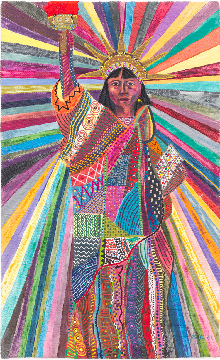 Pacita Abad, L.A Liberty, 1992. Acrylic, cotton yarn, plastic buttons, mirrors, gold thread, painted cloth on stitched and padded canvas. Work courtesy the Pacita Abad Art Estate. Photo: Max McClure, courtesy Spike Island.