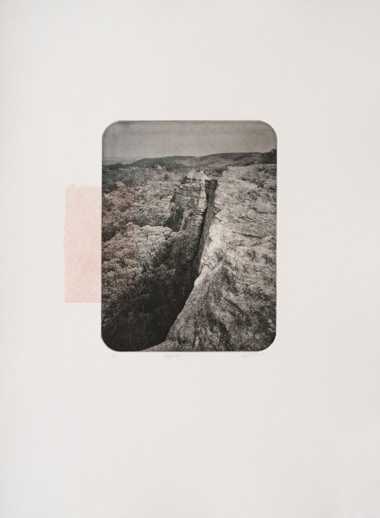 Kristina Chan, Cliff's Edge, 2019. Photopolymer with chine colle, paper size 38 x 28 cm, image size 17 x 12 cm.