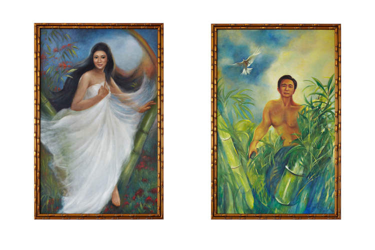 Pio Abad. Imelda as Maganda, Ferdinand as Malakas, 2012. Oil on canvas in faux gilt bamboo frames. Courtesy of the artist. Photo: RJ Fernandez.