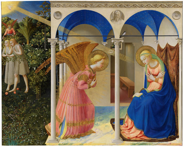 Fra Angelico. Annunciation and Expulsion of Adam and Eve from Eden, c1425–26. Tempera and gold on panel, 190.3 x 191.5 cm. Madrid, Museo Nacional del Prado.