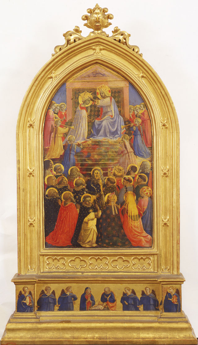 Fra Angelico. Coronation of the Virgin, with the Adoration of the Christ Child and Six Angels, c1429–31. Tempera and gold on panel, 77 x 43 cm. Florence, Polo Museale della Toscana, Museo di San Marco.