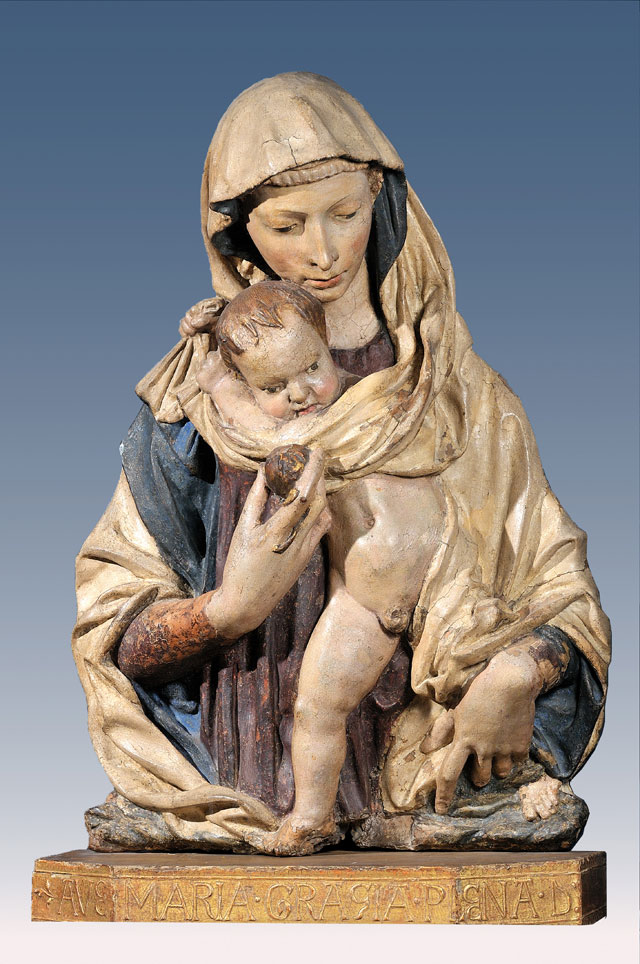 Donatello. Virgin of the Pomegranate, c1420–25. Polychromed terracotta, 90 x 64 x 28 cm. Florence, Musei Civici Fiorentini, Museo Stefano Barding.