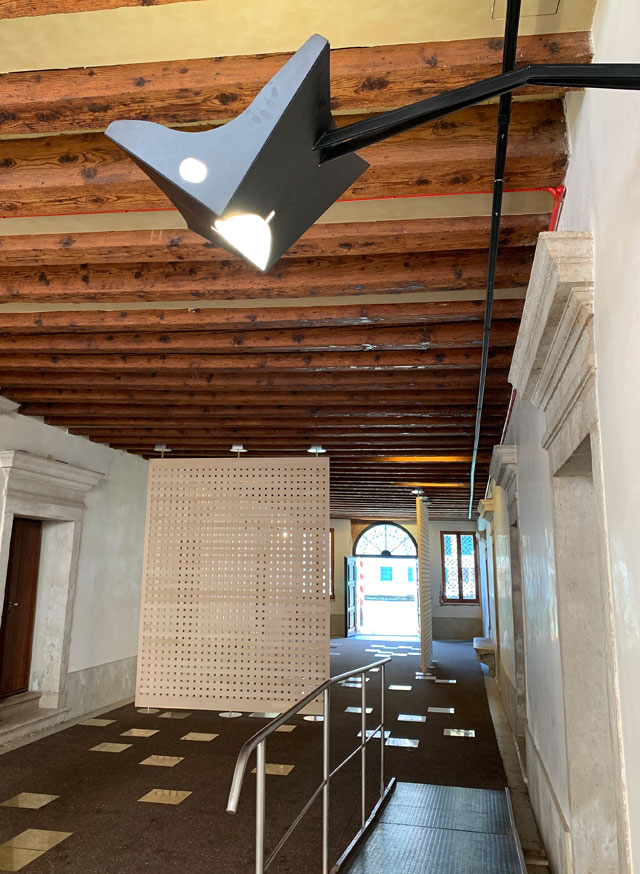 Leonor Antunes: a seam, a surface, a hinge or a knot, installation view, Portugal in Venice 2019. Lamp by architect Egle Trincanato. Photo: Martin Kennedy.
