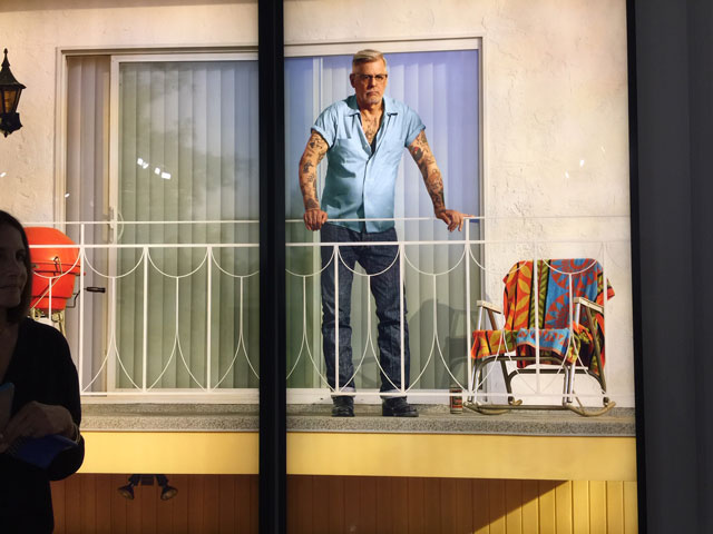 Rodney Graham. Tattooed Man on Balcony, 2018. Painted aluminium lightbox with transmounted chromogenic transparency, 278.6 x 164.2 x 17.8 cm (each panel). Installation view, Art Basel Miami Beach 2018. Photo: Jill Spalding.