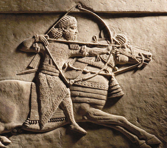 Relief detail of Ashurbanipal hunting on horseback. Nineveh, Assyria, 645–635 BC. © The Trustees of the British Museum.