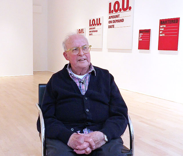 Billy Apple speaking to Studio International at The Mayor Gallery, London 2018. Photo: Martin Kennedy.