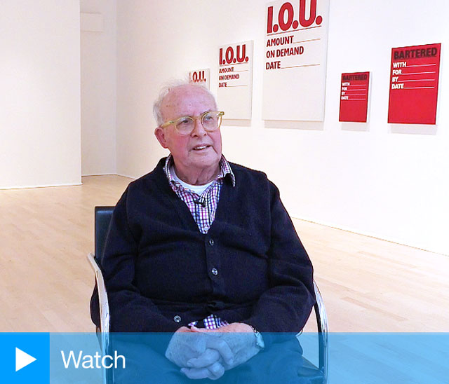 Billy Apple speaking to Studio International at The Mayor Gallery, London 2018. Photo: Martin Kennedy.