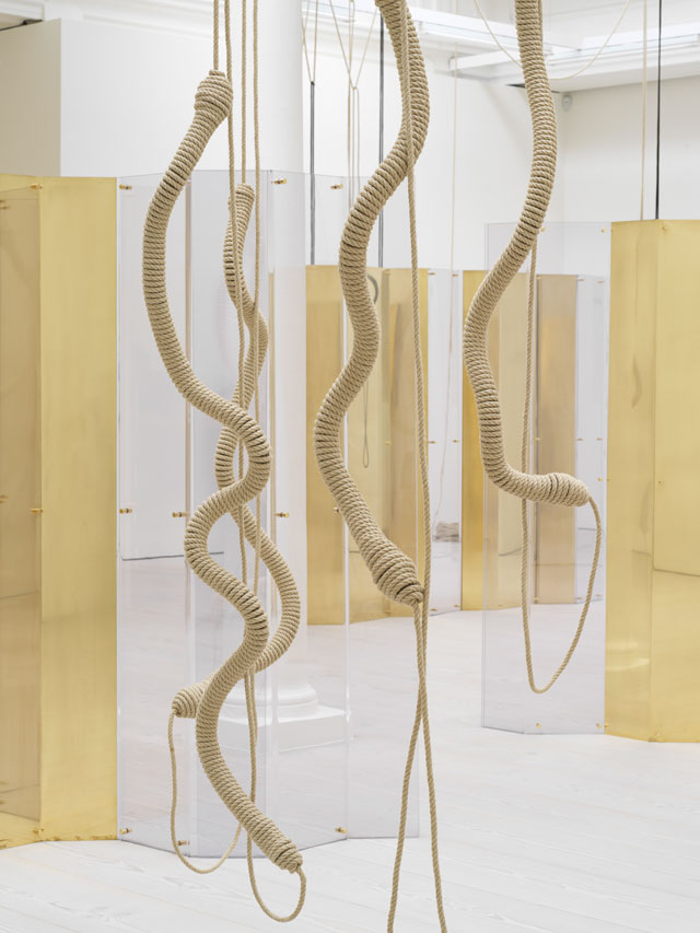 Leonor Antunes. Alterated knot 3, 2018. Nylon rope, hemp rope, brass tube, wax. Photograph: Nick Ash. Copyright: Leonor Antunes. Courtesy of the artist and Marian Goodman Gallery.