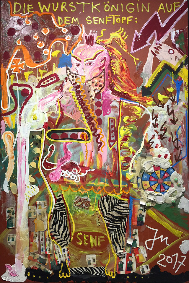 Jonathan Meese. Dr. Loch Nessie Lebt Auf Dem Mond, 2017. Oil, acrylic, acrylic modelling paste, Caparol-dispersion binder, acrylic gel, acrylic paste and mixed media on canvas, 106 7/16 x 71 x 1 5/16 in. David Nolan, New York. Photograph: Jill Spalding.