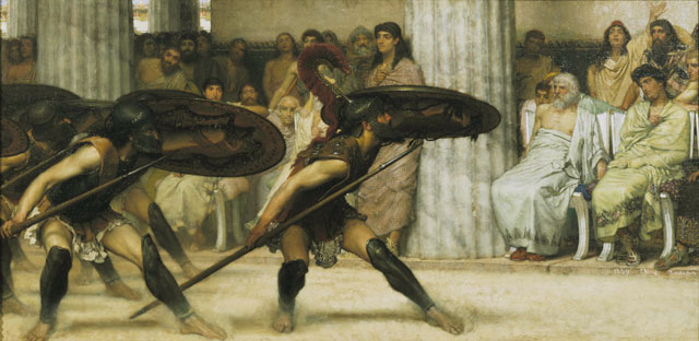 Sir Lawrence Alma-Tadema. A Pyrrhic Dance, 1869. Oil on panel, 40.6 x 81.3 cm. © Guidhall Art Gallery, City of London.