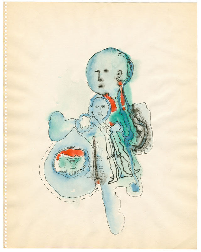 Ida Applebroog. Mercy Hospital, 1969. Ink and watercolour on paper, 35.6 x 27.9 cm (14 x 11 in). © Ida Applebroog. Courtesy the artist and Hauser & Wirth. Photograph: Emily Poole.
