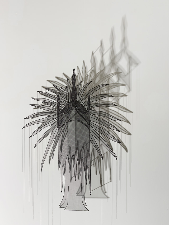 Afruz Amighi. Emperor’s Headdress, 2017. Steel, fibreglass mesh, chain, light, 50 x 39 x 14 in (127 x 99 x 36 cm). Photograph: Studio Suarez. Copyright 2017. Courtesy of Leila Heller Gallery.