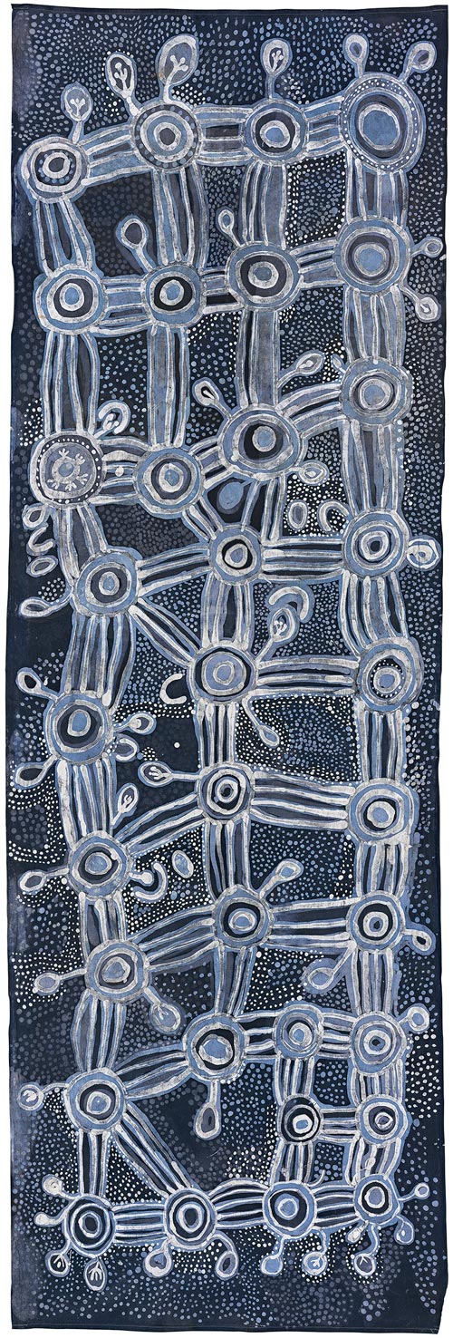 Peggy Napurrula Poulson, <em>Yarla Jukurrpa </em>(<em>Bush yam Dreaming</em>), 1986. Batik on cotton, 257.3 x 84.8 cm. National Gallery of Victoria, Melbourne. Presented through the NGV Foundation by Felicity Wright, Fellow, 2002 © Peggy Napurrula Poulson courtesy of Warlukurlangu Artists, NT