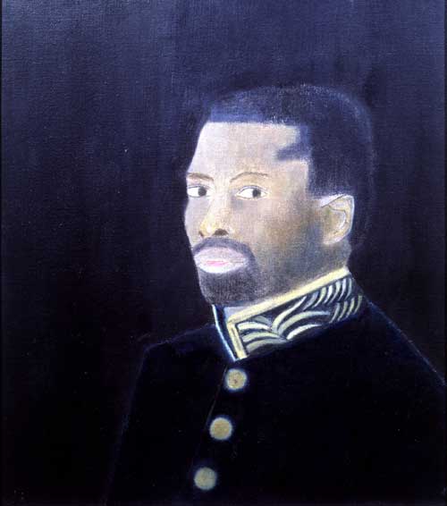 Craigie Aitchison.<i> Georgeous Macaulay in Uniform</i>, 1969, oil on canvas 
      46 x 40.5 cm. Private Collection. Photo Roy Fox© the artist