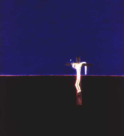 Craigie Aitchison. <i>Crucifixion</i>, 1994 (Winner of the 1st Jerwood Painting 
      Prize 1994), oil on canvas 105 x 96 cm. The Jerwood Foundation Collection. 
      On permanent loan to Kings College Chapel, Cambridge© the artist