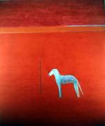 Craigie Aitchison.<i> Dog in Red Painting</i>, 1975 oil on canvas 221 x 
      188 cm. Francis Fry. Photo Roy Fox© the artist