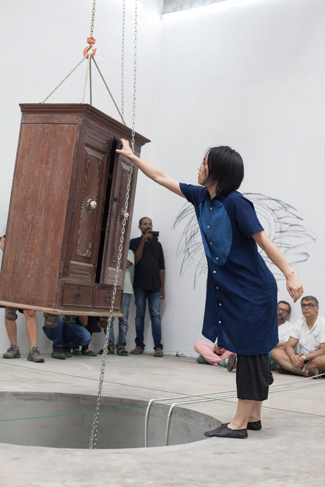 Aki Sasamoto. Random memo random, 2016. Installation with performance and video documentation, dimensions variable. On display at the Kochi-Muziris Biennale 2016. Photograph: Sheena Dabholkar.