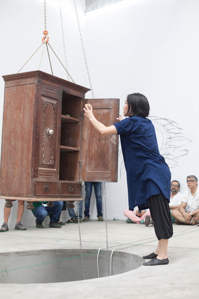 Aki Sasamoto. Random memo random, 2016. Installation with performance and video documentation, dimensions variable. On display at the Kochi-Muziris Biennale 2016. Photograph: Sheena Dabholkar.