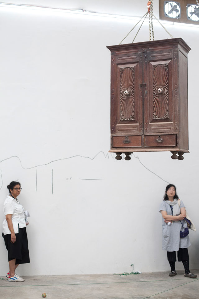 Aki Sasamoto. Random memo random, 2016. Installation with performance and video documentation, dimensions variable. On display at the Kochi-Muziris Biennale 2016. Photograph: Sheena Dabholkar.