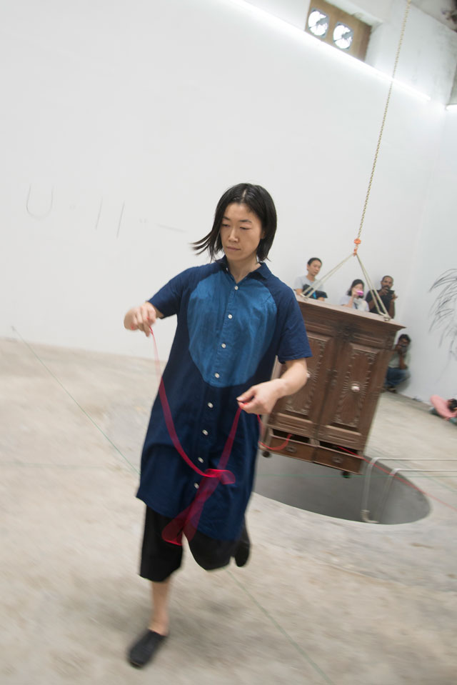 Aki Sasamoto. Random memo random, 2016. Installation with performance and video documentation, dimensions variable. On display at the Kochi-Muziris Biennale 2016. Photograph: Sheena Dabholkar.