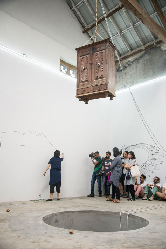 Aki Sasamoto. Random memo random, 2016. Installation with performance and video documentation, dimensions variable. On display at the Kochi-Muziris Biennale 2016. Photograph: Sheena Dabholkar.